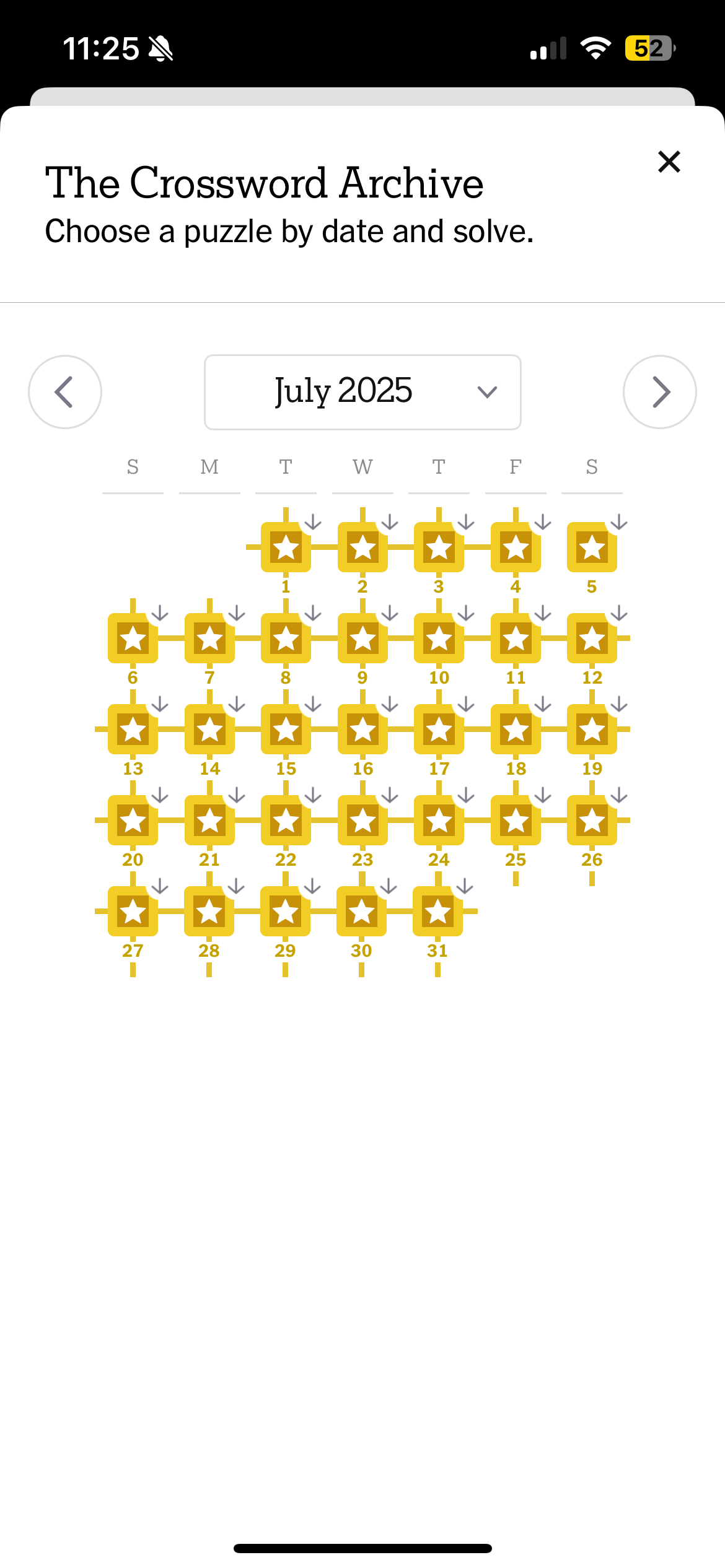 Crossword archive showing a full month of completed puzzles